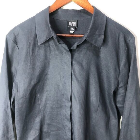 Eileen Fisher Linen Navy Button Down Shirt Size Large - Picture 2 of 10